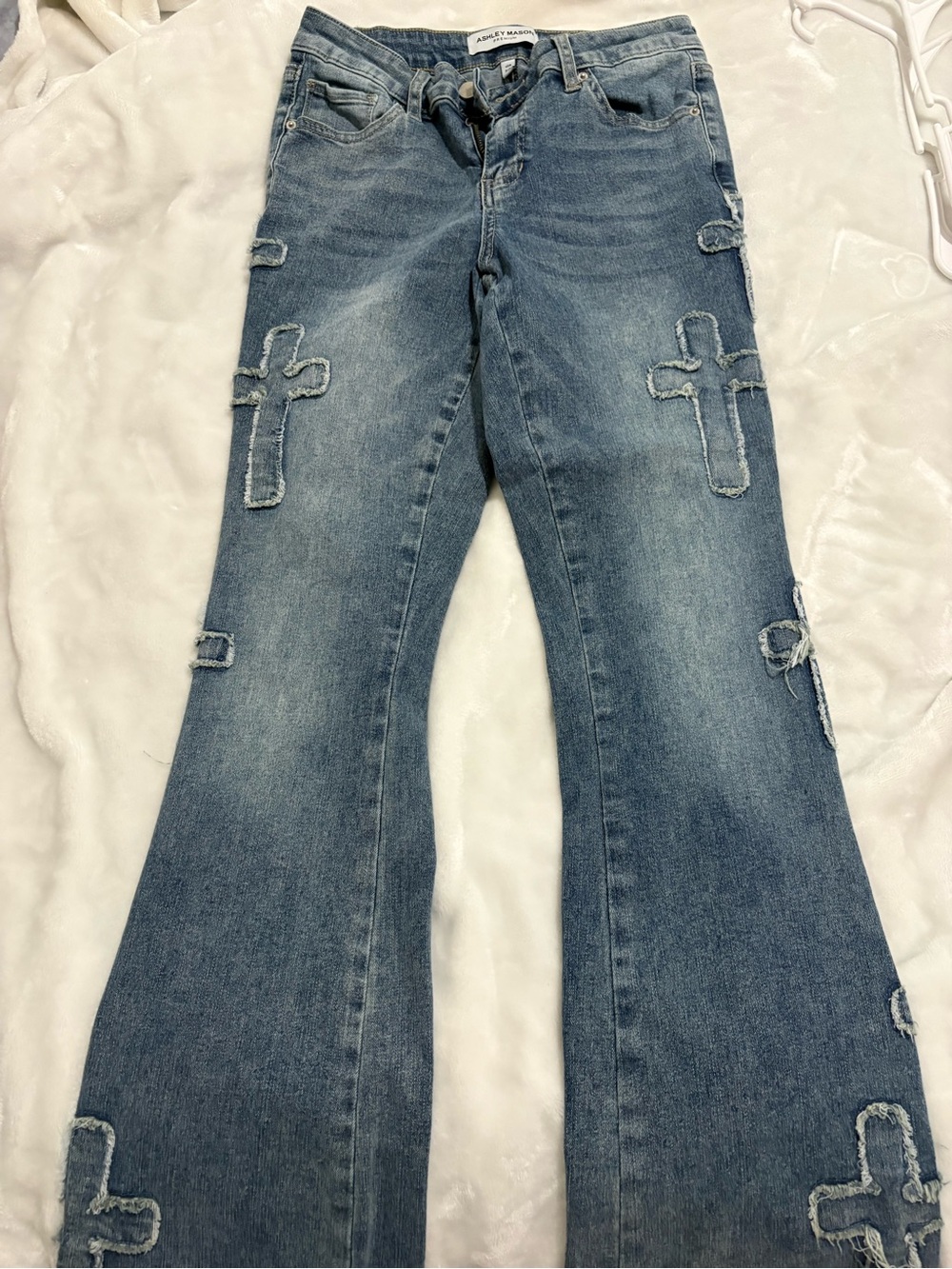 Ashley Mason Distressed Blue Flare Jeans with Cross Appliqués